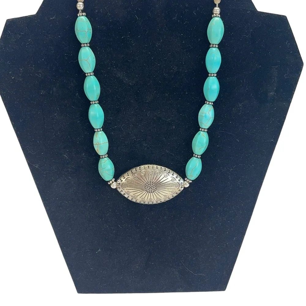 Western Necklace Turquoise Look Blue Elongated Beads Silver Tone Pendant Western